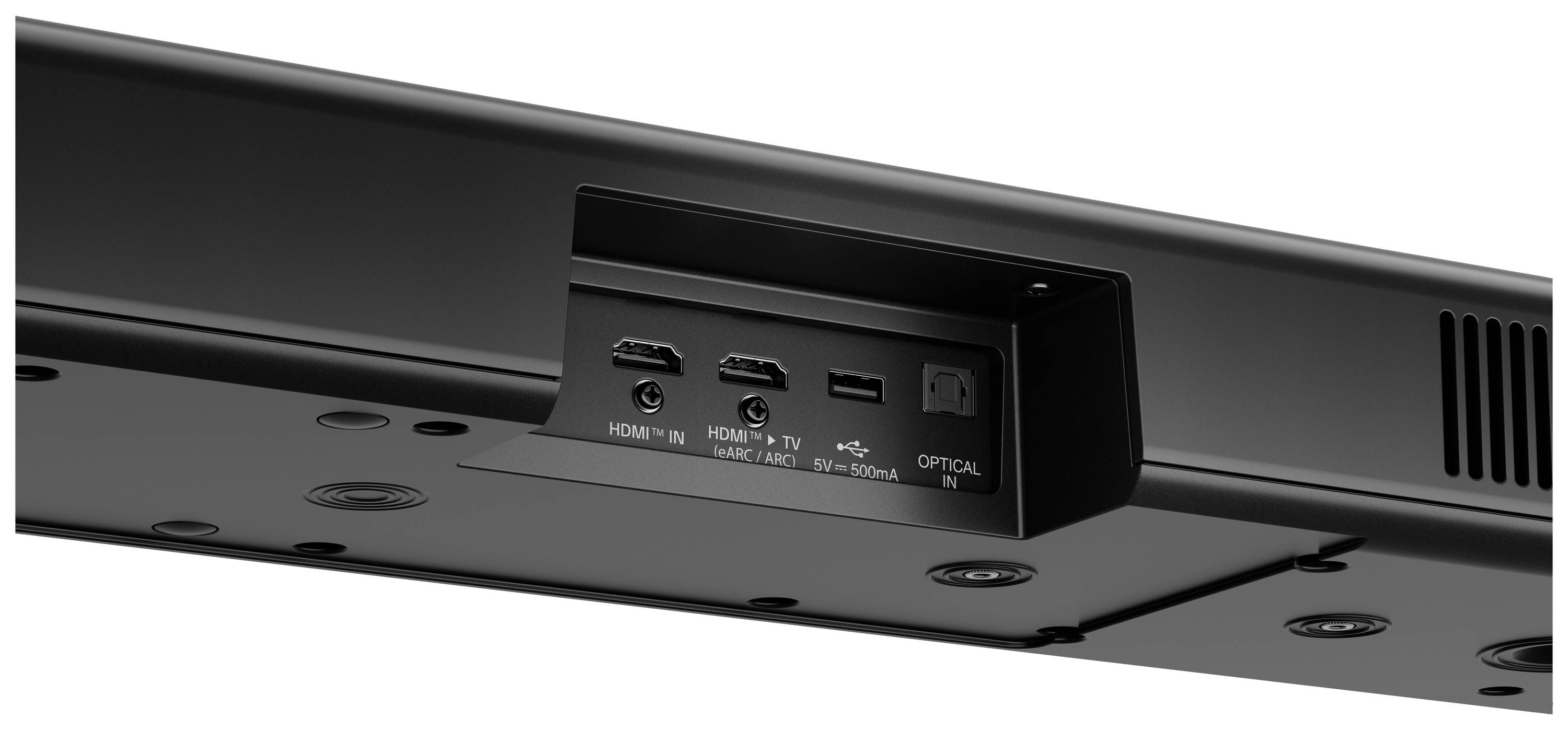 Konektory na zadní straně soundbaru: dva HDMI vstupy, jeden optický vstup a jeden USB port.