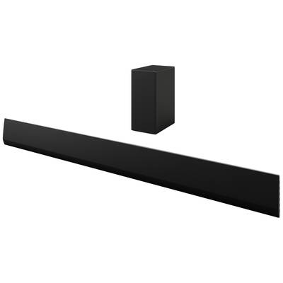 Černý soundbar s příslušným subwooferem umístěný na bílém pozadí.