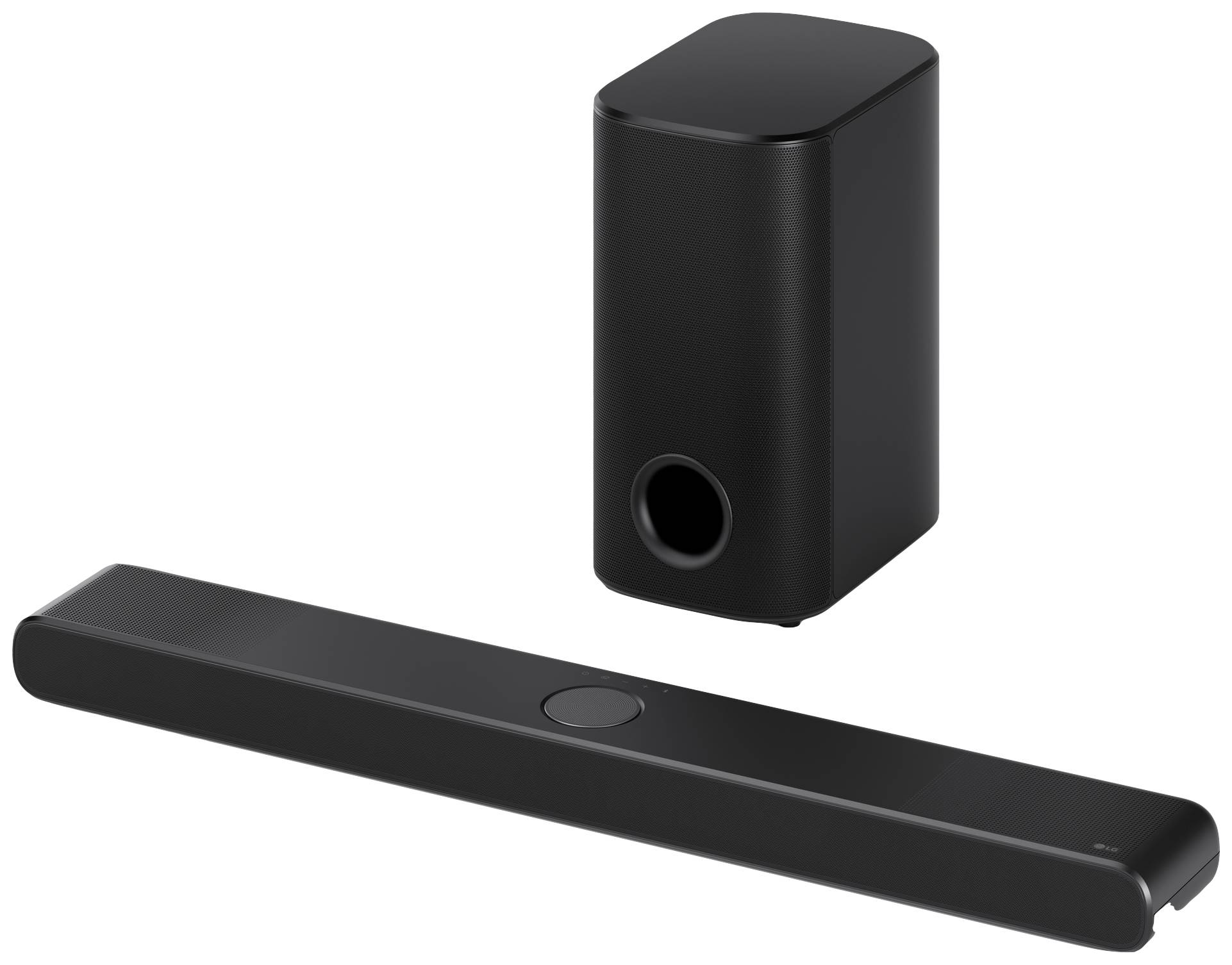 Černý soundbar s odpovídajícím subwooferem, oba v moderním designu. Vhodné pro vylepšení zvukového zážitku při sledování televize a poslechu hudby.