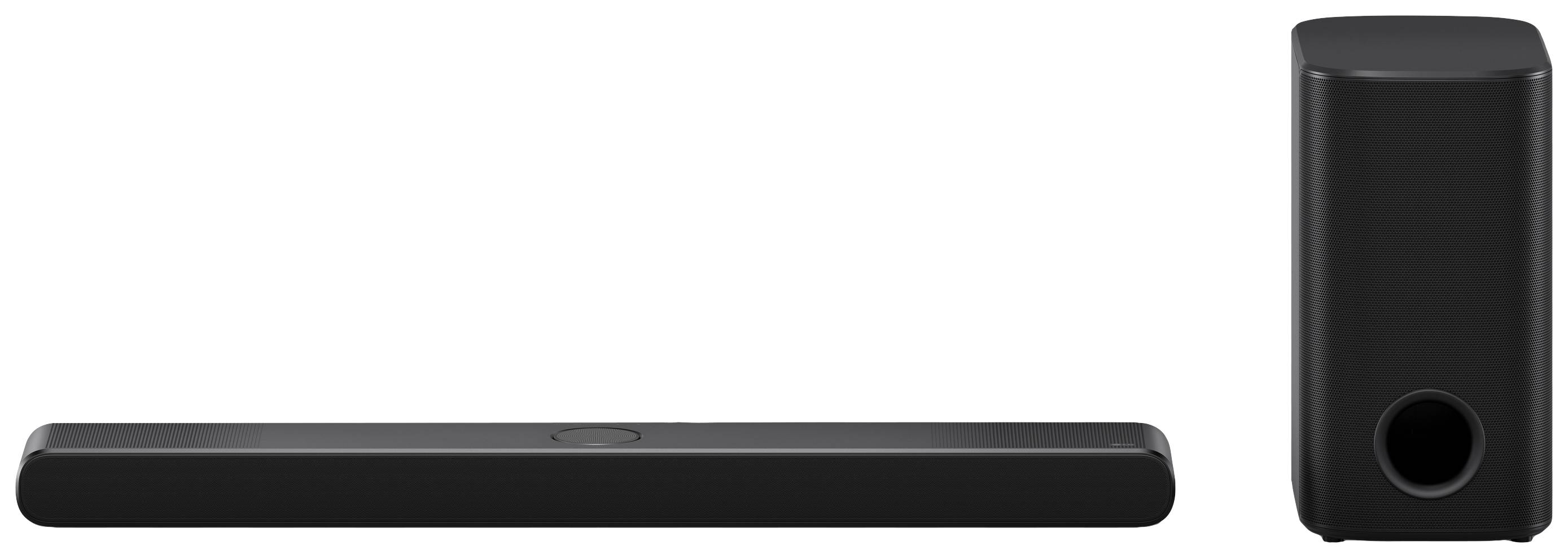 Černý soundbar a subwoofer na bílém pozadí. Soundbar je plochý a obdélníkový, subwoofer je vysoký a válcovitý.