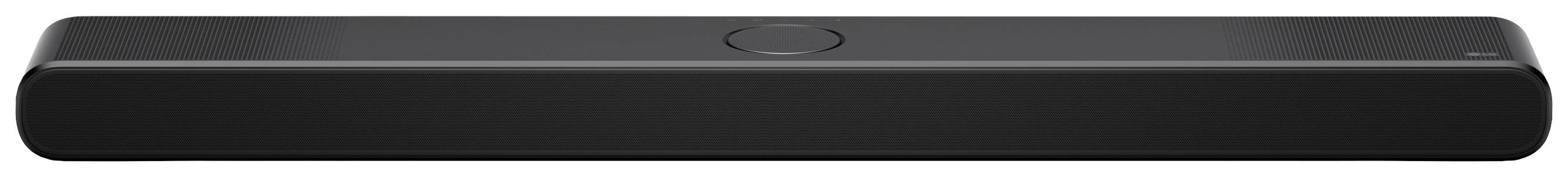 Černý soundbar s minimalistickým designem, centrálně umístěným tlačítkem na horní straně.