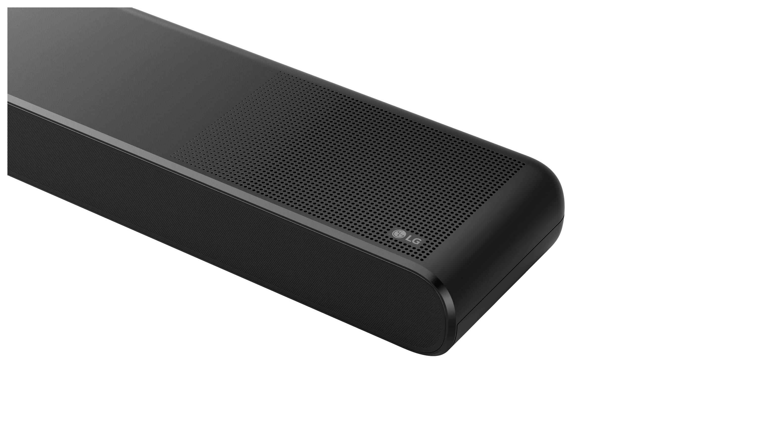 Černý soundbar se zaoblenými hranami a perforovaným povrchem mřížky. Horní rohový segment na bílém pozadí.