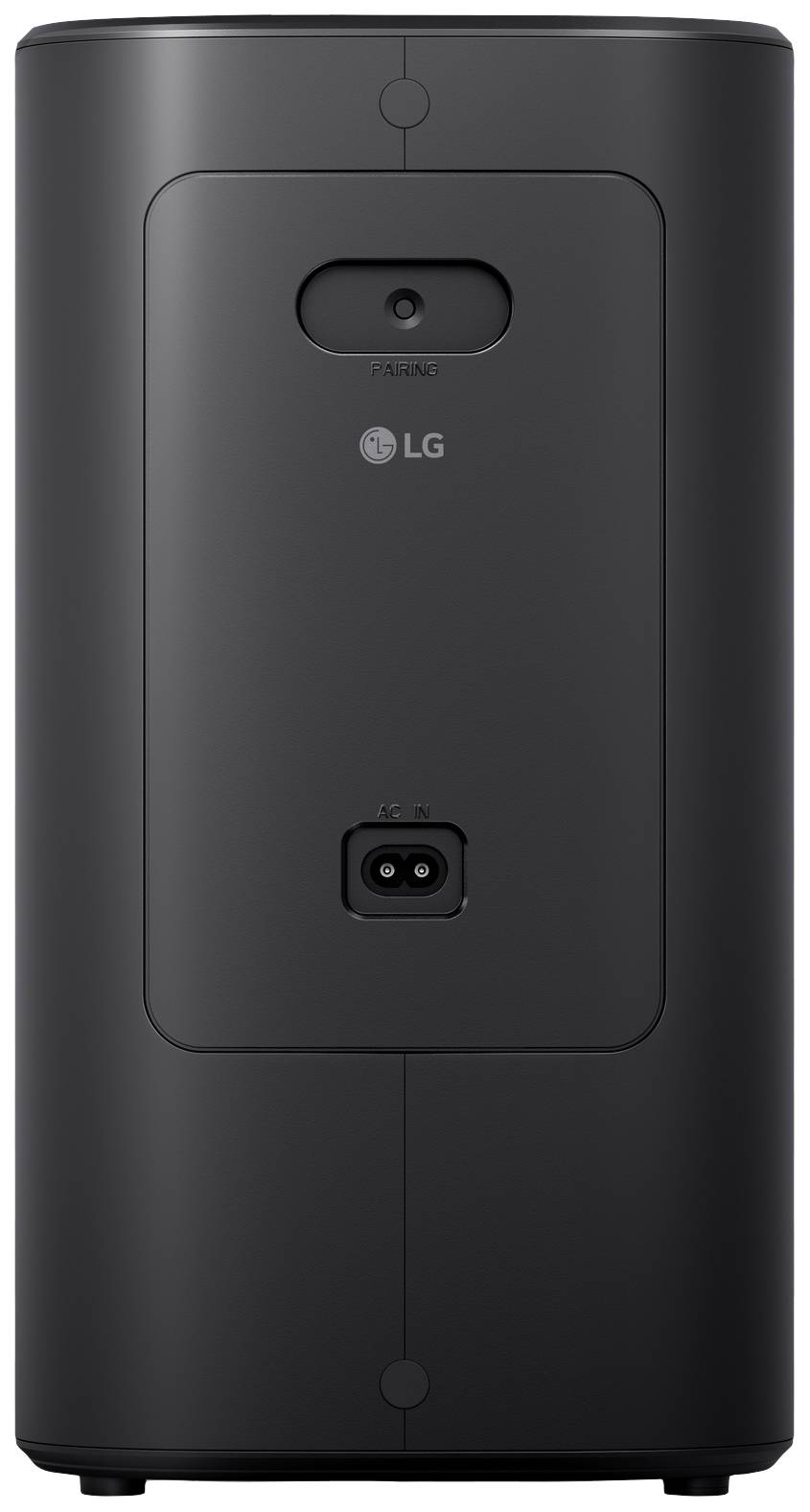 Černý cylindrický reproduktor od LG s konektory na zadní straně a jednoduchým, moderním designem.