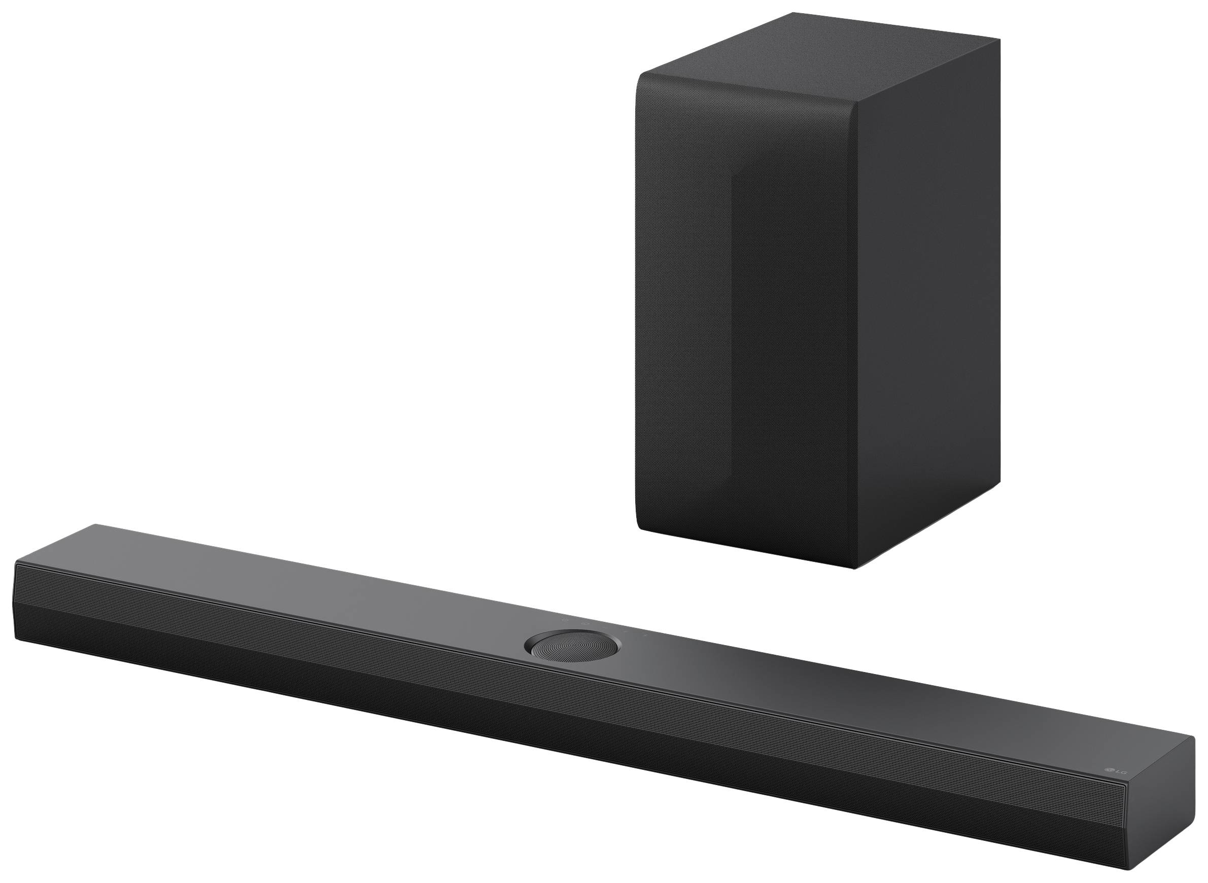 Černý soundbar se subwooferem. Soundbar je dlouhý a štíhlý, subwoofer je obdélníkový. Oba stojí na bílém pozadí.