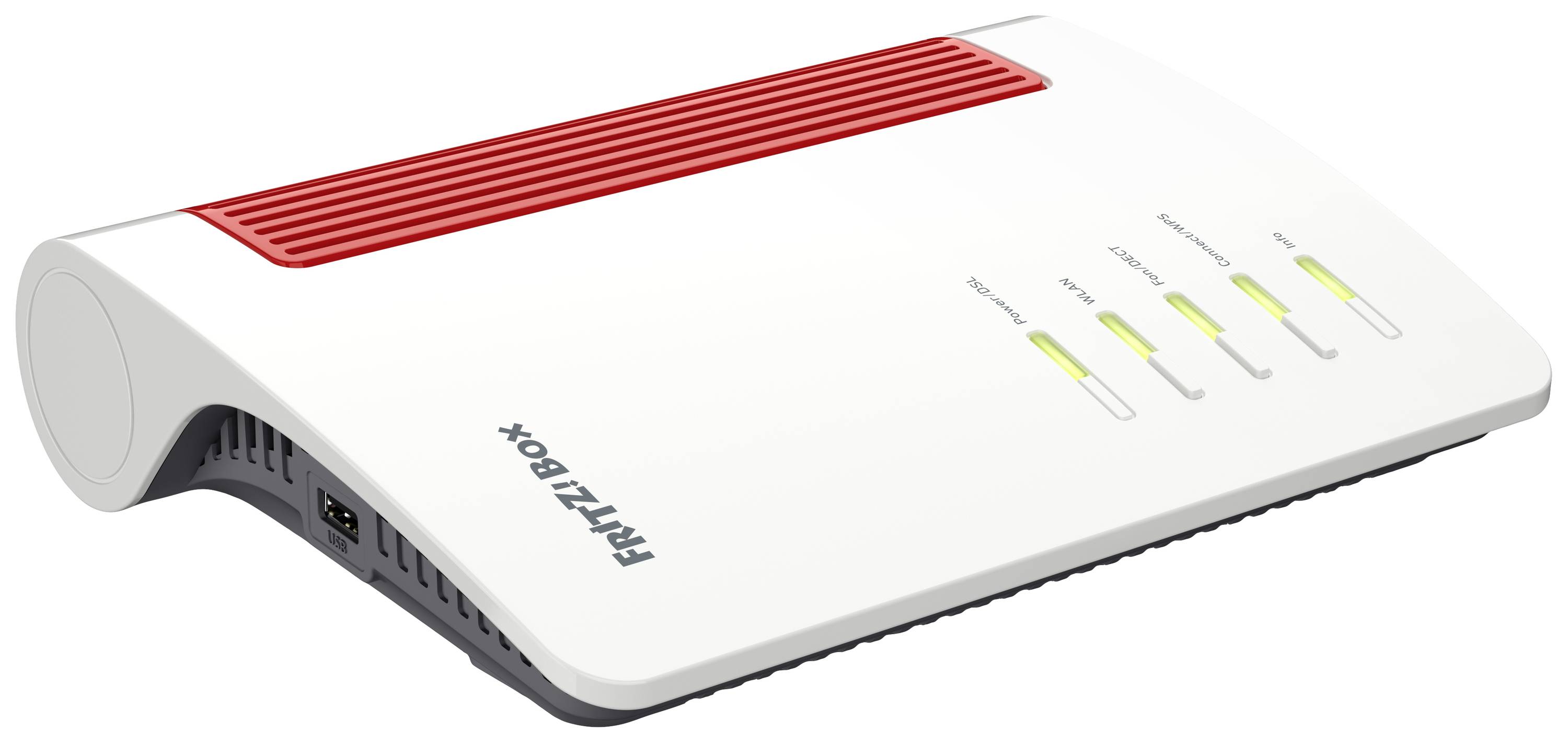 Bílý router s červeným akcentem, typicky používaný pro domácí sítě. Je zobrazen v šikmém úhlu a ukazuje LED indikátory na horní straně.