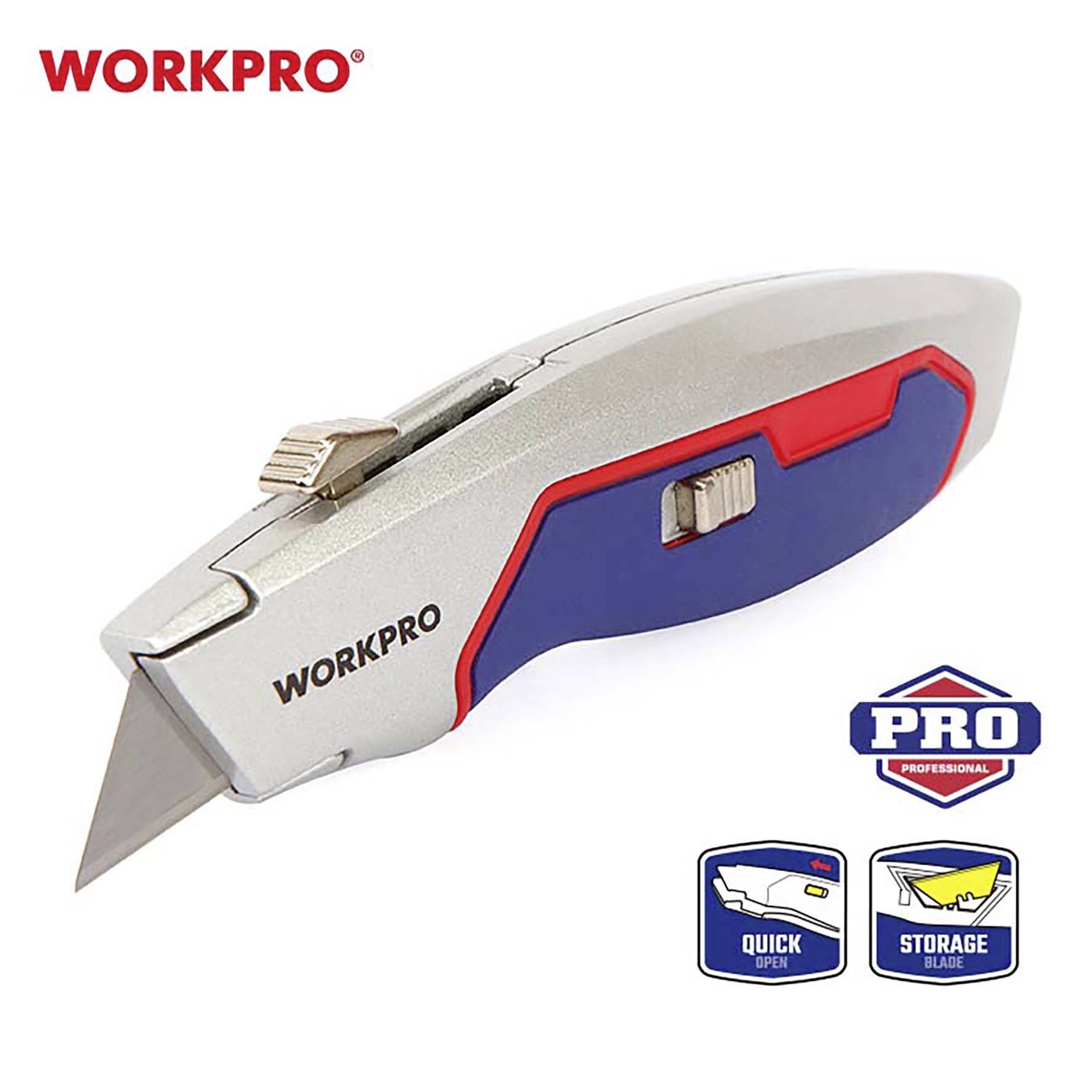 Stříbrný víceúčelový nůž od WORKPRO s červenou a modrou rukojetí. Loga dole vpravo: 'PRO', 'Quick Open', 'Storage Blade'.