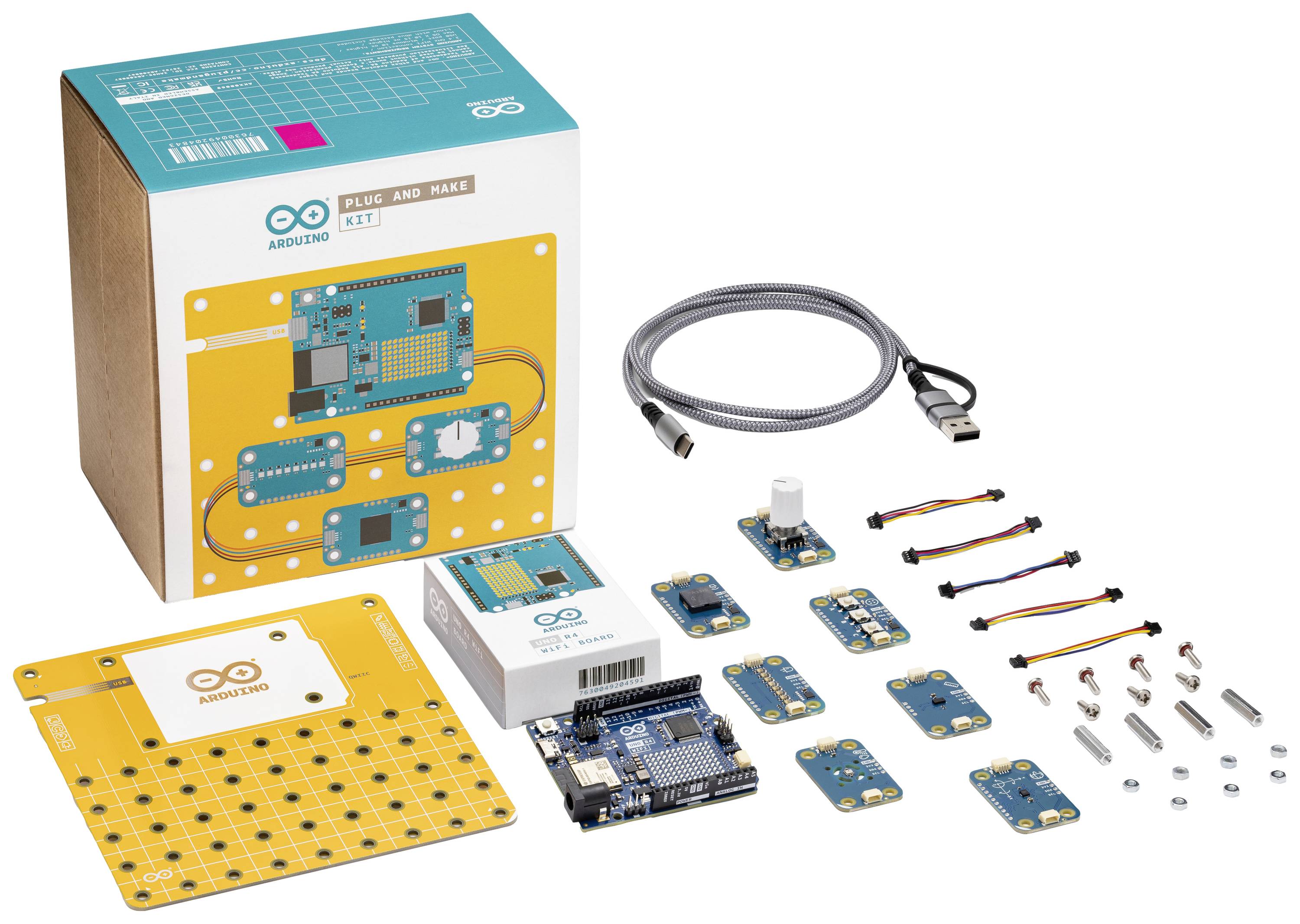 Arduino startovací sada s deskou, senzory, kabely a návody. Obsahuje komponenty pro elektronické projekty a prototypy.