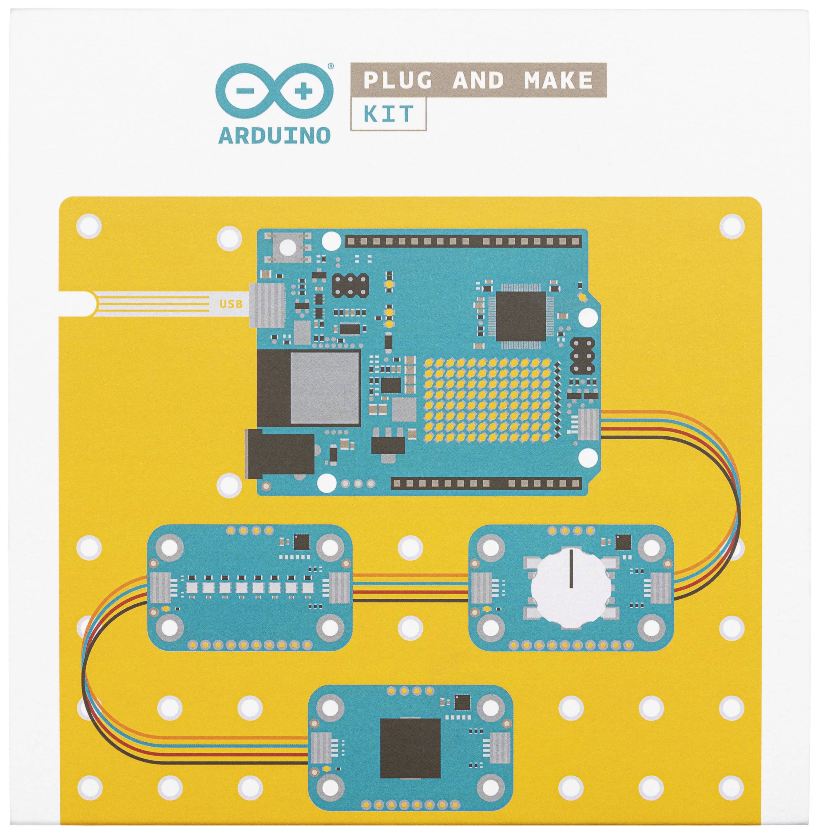 Ilustrace Arduino 'Plug and Make Kit' na žlutém pozadí. Jsou zde zobrazeny Arduino deska a připojené moduly.