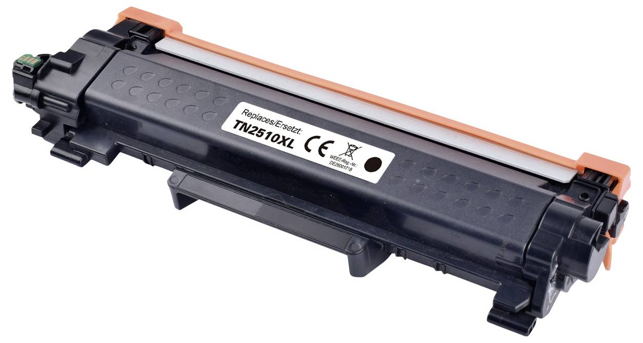 Tisková kazeta TN2510XL od Replacetech v černé barvě s CE a recyklačními symboly. Obdélníkový černý design s oranžovými konci.