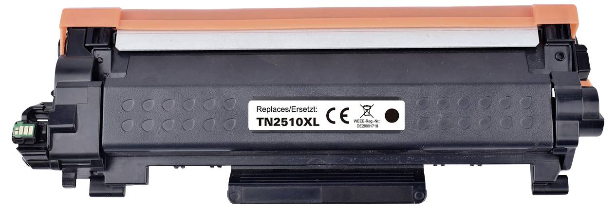 Černá tonerová kazeta s oranžovým krytem, model 'TN2510XL', bílé štítky s technickými specifikacemi a symboly.