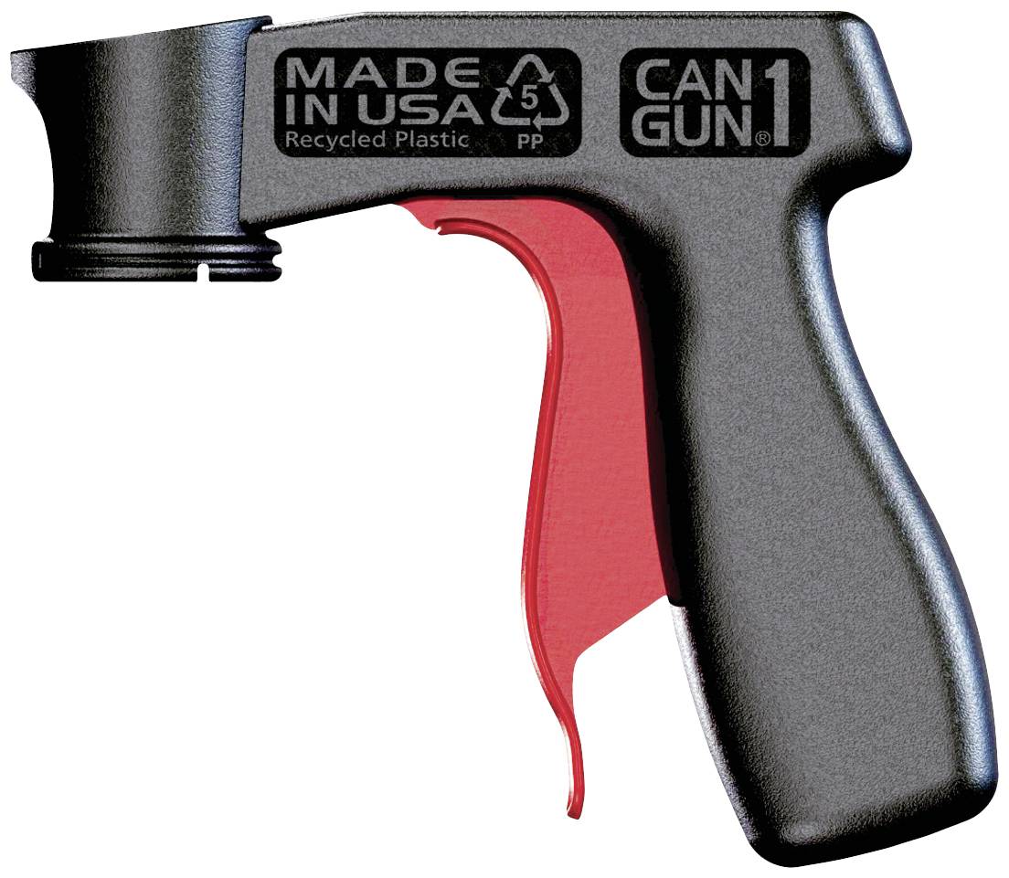 Černý rukojeť spreje z recyklovaného plastu s červeným spouštěčem. Text na rukojeti: 'Vyrobeno v USA, Recyklovaný plast, Can Gun 1'.