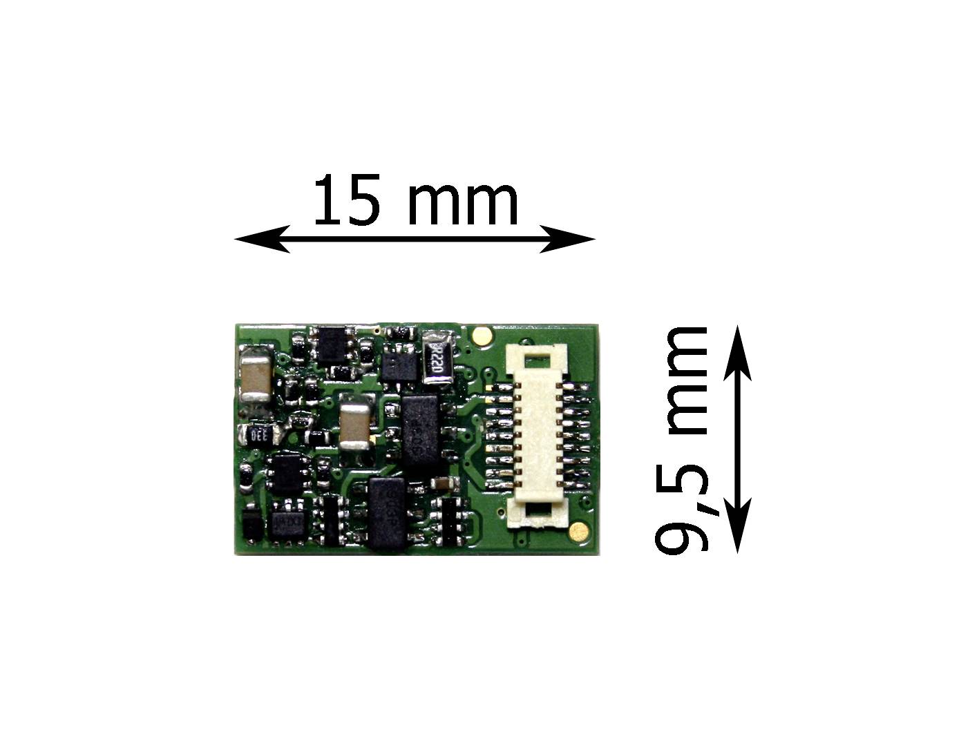 Malý elektronický modul o rozměrech 15 mm x 9,5 mm.