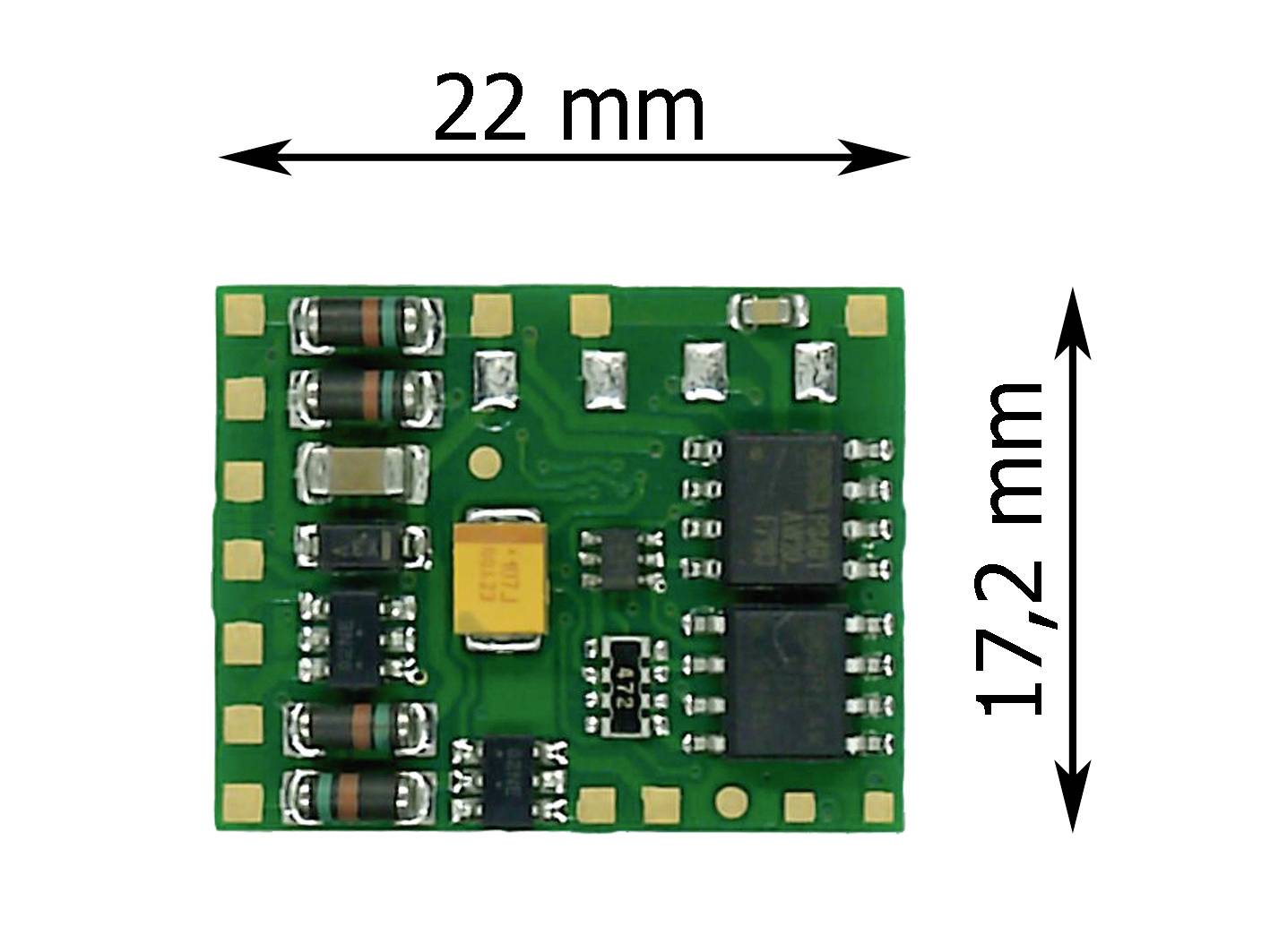 Elektronická součástka na zelené desce plošných spojů, obdélníkového tvaru, široká 22 mm a vysoká 17,2 mm, zobrazující různé komponenty a obvody.