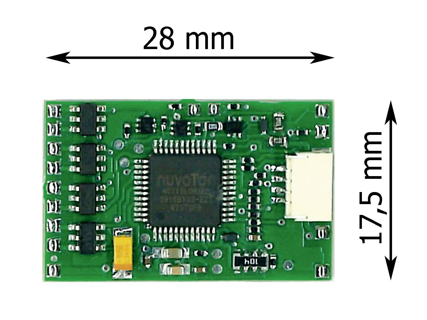 Malá zelená deska mikročipu, obdélníkového tvaru, měřící 28 mm na šířku a 17,5 mm na výšku, s viditelnými elektronickými komponenty.