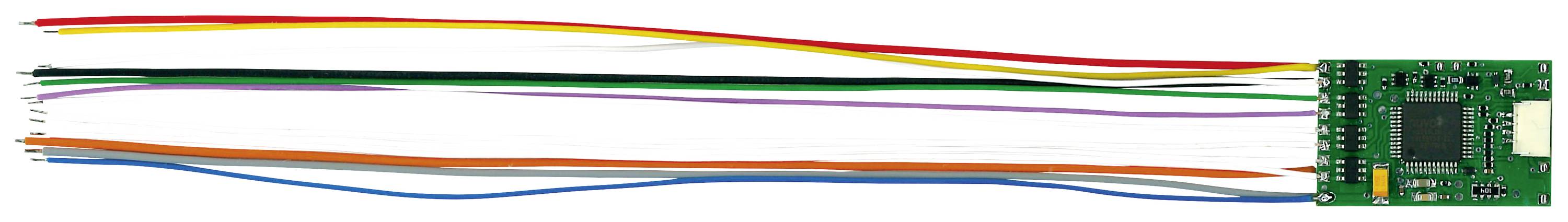 Malý, obdélníkový spínací modul s několika barevnými kabely táhnoucími se doleva. Slouží k elektronickému propojování.