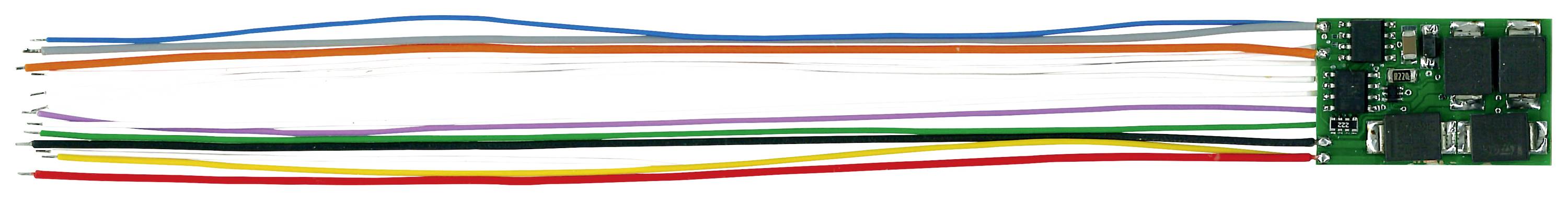 Zelený elektronický modul je připojen k několika barevným kabelům: modrým, oranžovým, fialovým, černým, žlutým, červeným a dalším.