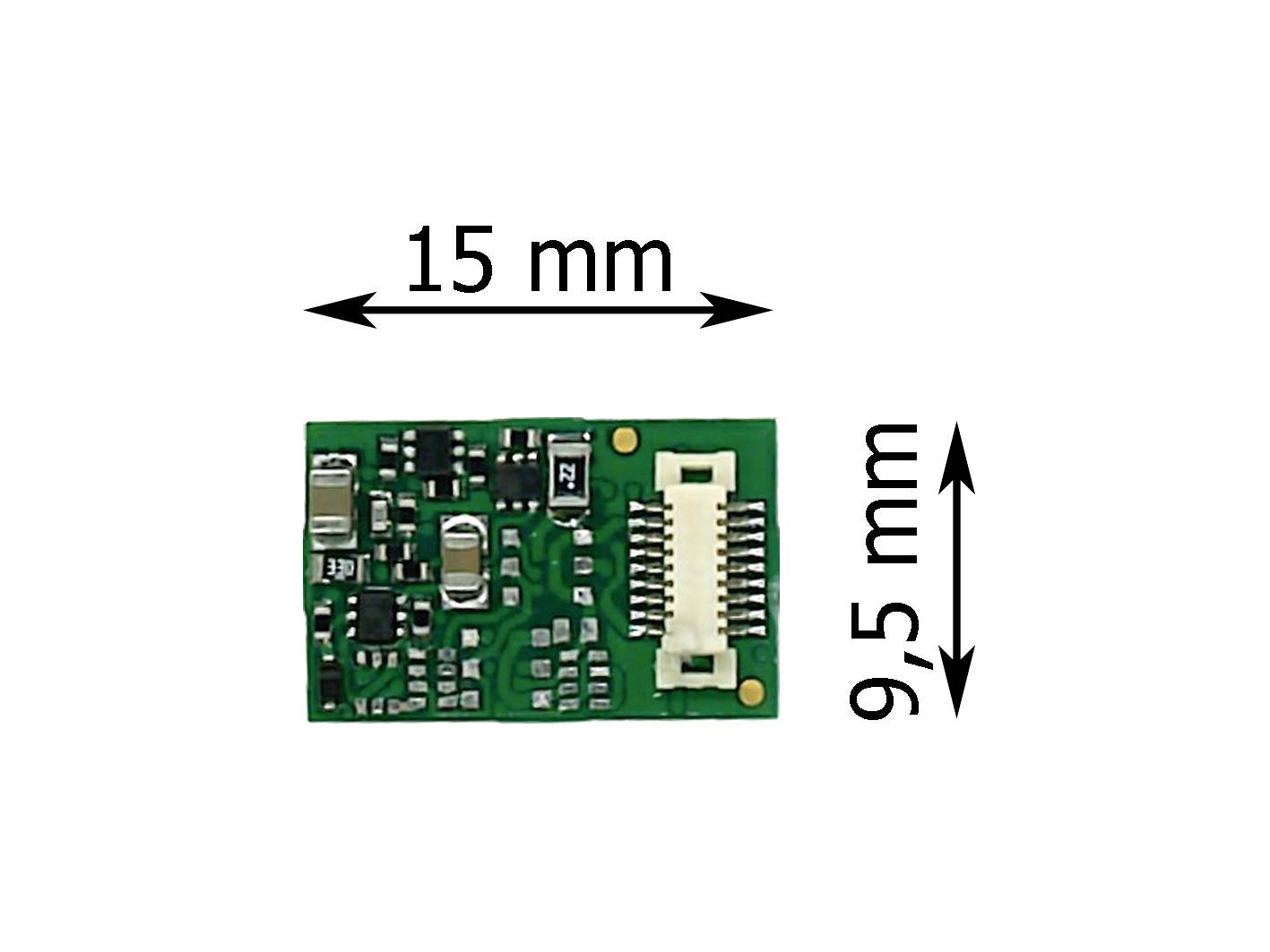 Zelená elektronická součástka s několika malými komponenty, široká 15 mm a vysoká 9,5 mm.
