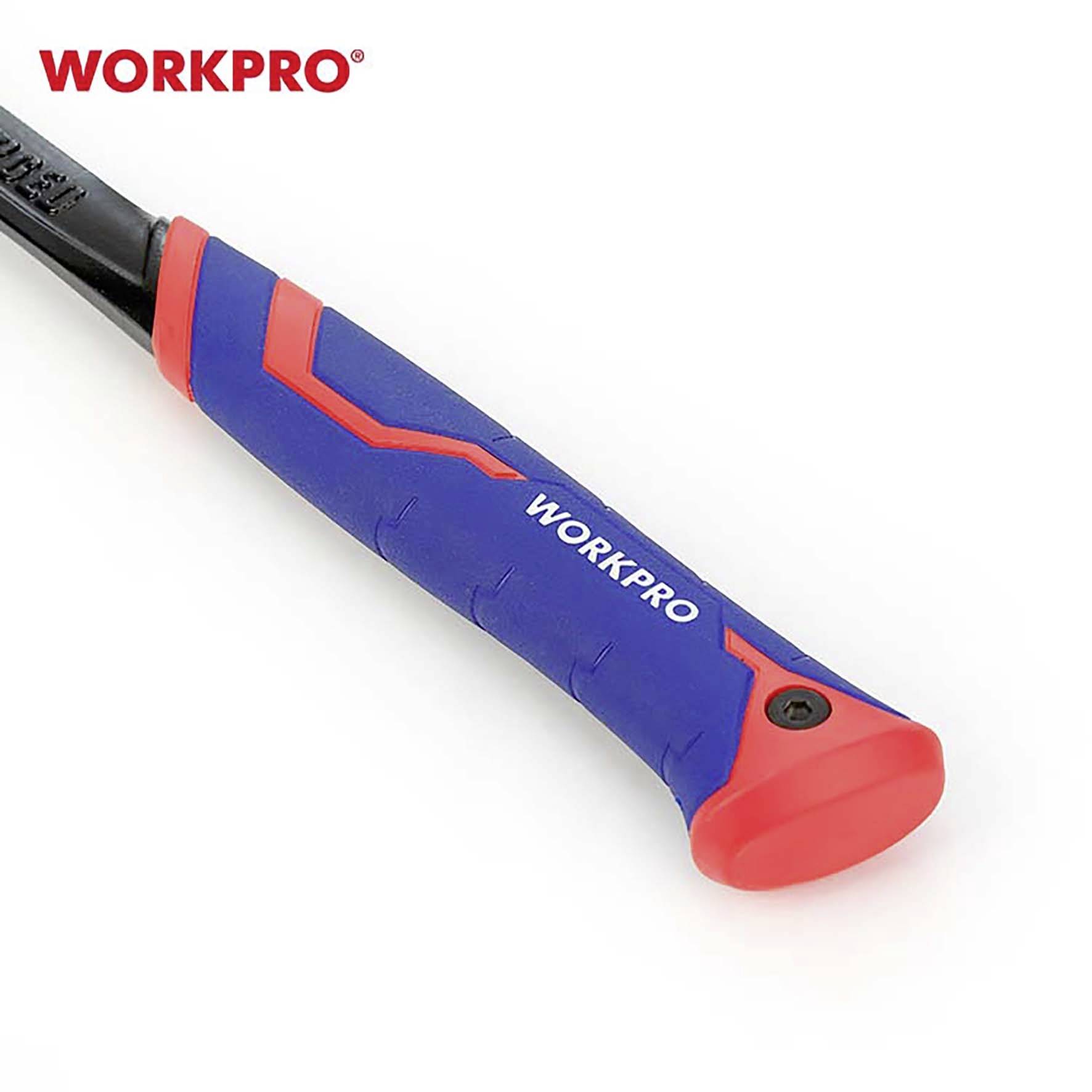 Červený a modrý úchop kladiva s nápisem 'WORKPRO', který ukazuje ergonomický design pro lepší úchop.