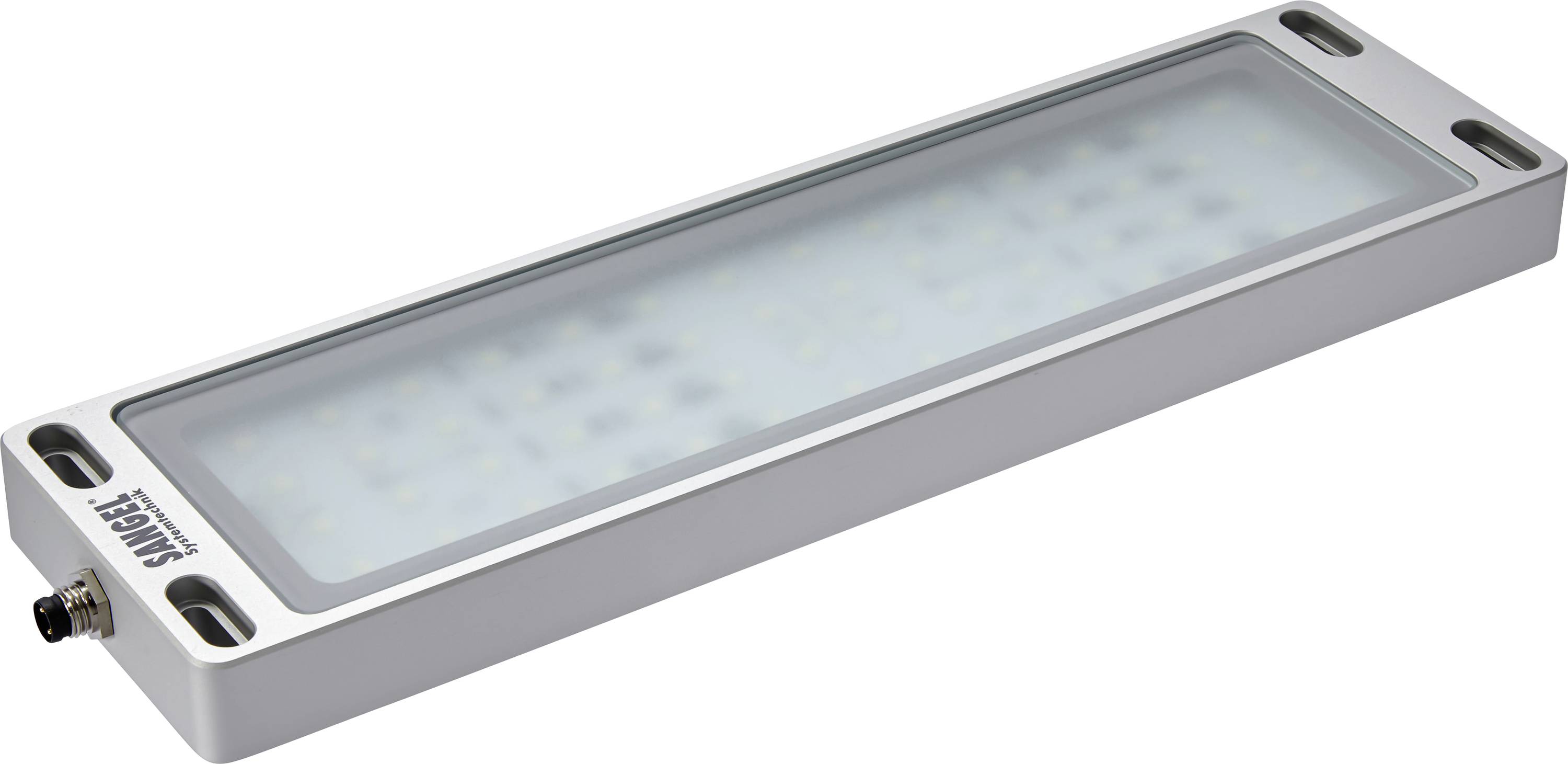 Pravoúhlé LED svítidlo pro průmyslové použití, stříbrné tělo, přípojná zásuvka na jedné straně.