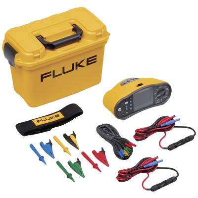 Přenosný žlutý měřicí přístroj v kufříku s kabely a svorkami pro elektrické zkoušky. Na kufříku je patrné logo značky 'Fluke'.