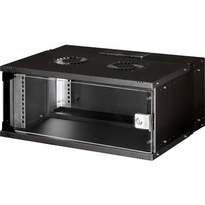Černá, obdélníková serverová skříň se skleněnými dvířky a zámkem, s větracími otvory nahoře, určená pro ukládání serverů nebo síťového vybavení.