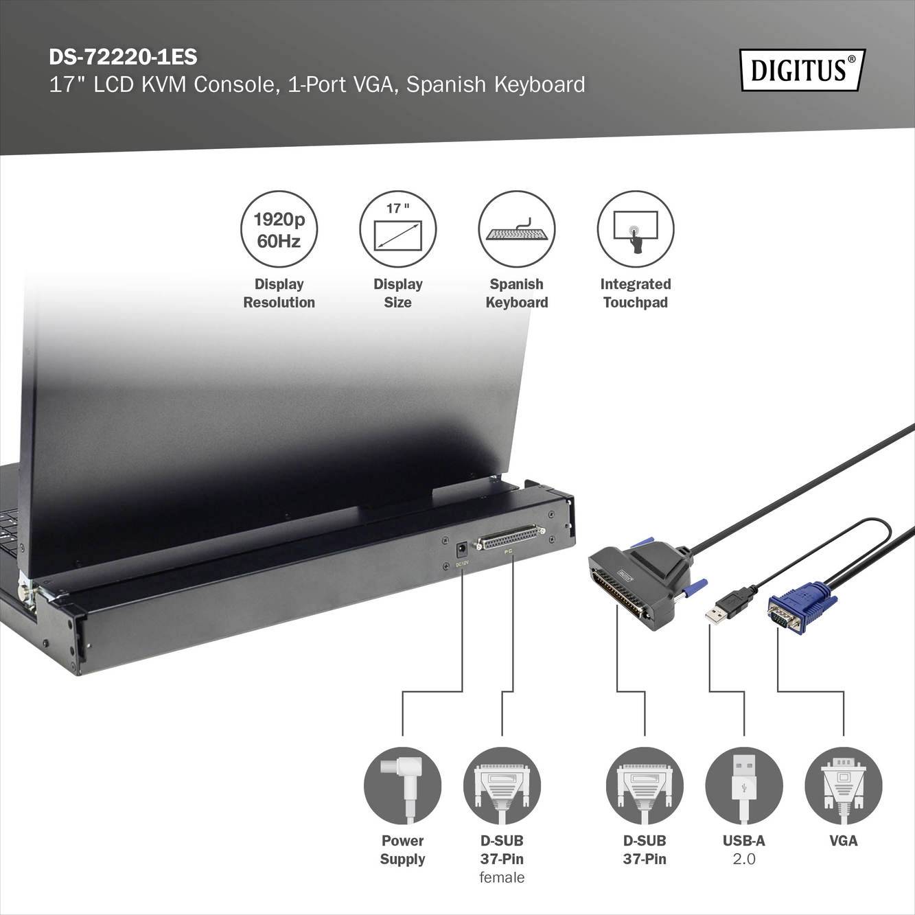 'DS-72220-1ES 17" LCD KVM konzole' s VGA, touchpadem a španělskou klávesnicí. Obsahuje diagram připojení: napájení, D-SUB, USB.