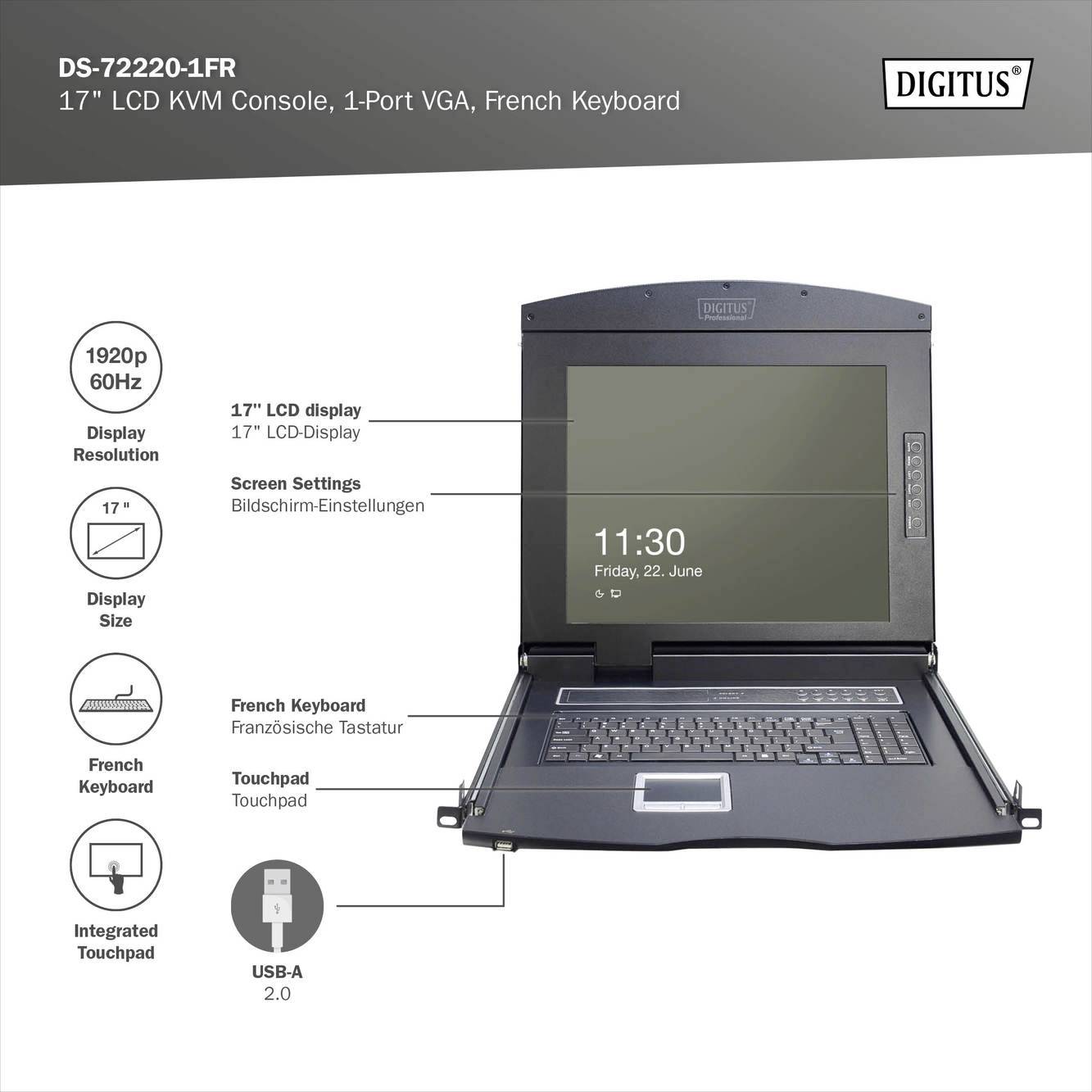 'Digitus DS-72220-1FR: 17" LCD KVM konzole s VGA připojením a francouzskou klávesnicí. Vestavěný touchpad. Obrazovka zobrazuje datum a čas: 11:30, pátek, 22. června.'