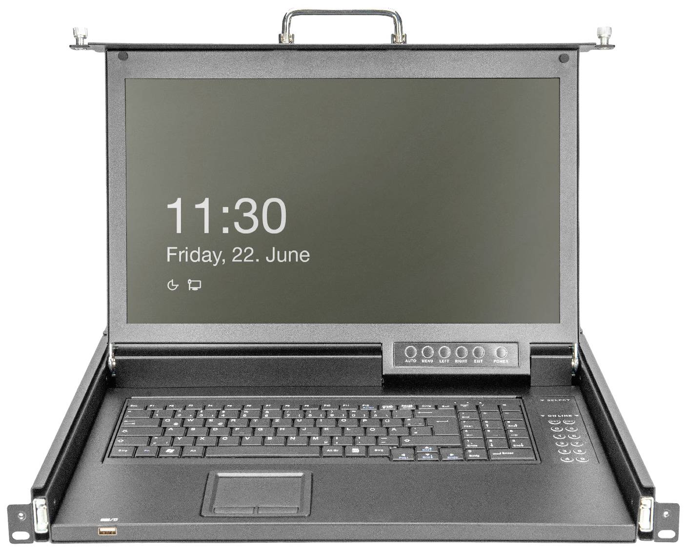Rackmount konzole s vyklopeným displejem zobrazuje '11:30' a 'Pátek, 22. června'. Integrovaná klávesnice a touchpad jsou viditelné.