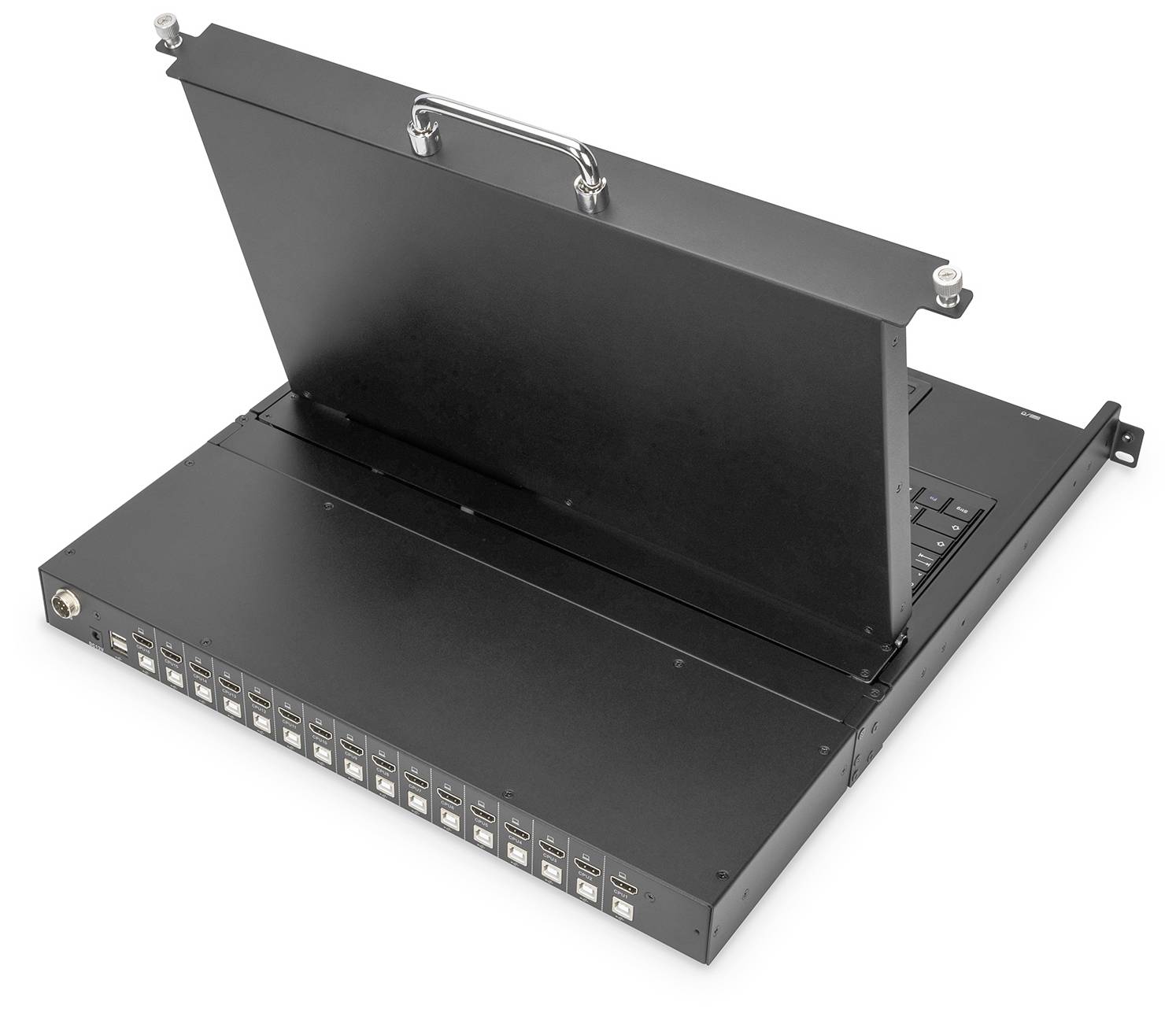 Kovový kryt s rukojetí, integrovaným displejem a 16 USB porty pro síťovou infrastrukturu nebo serverové racky.