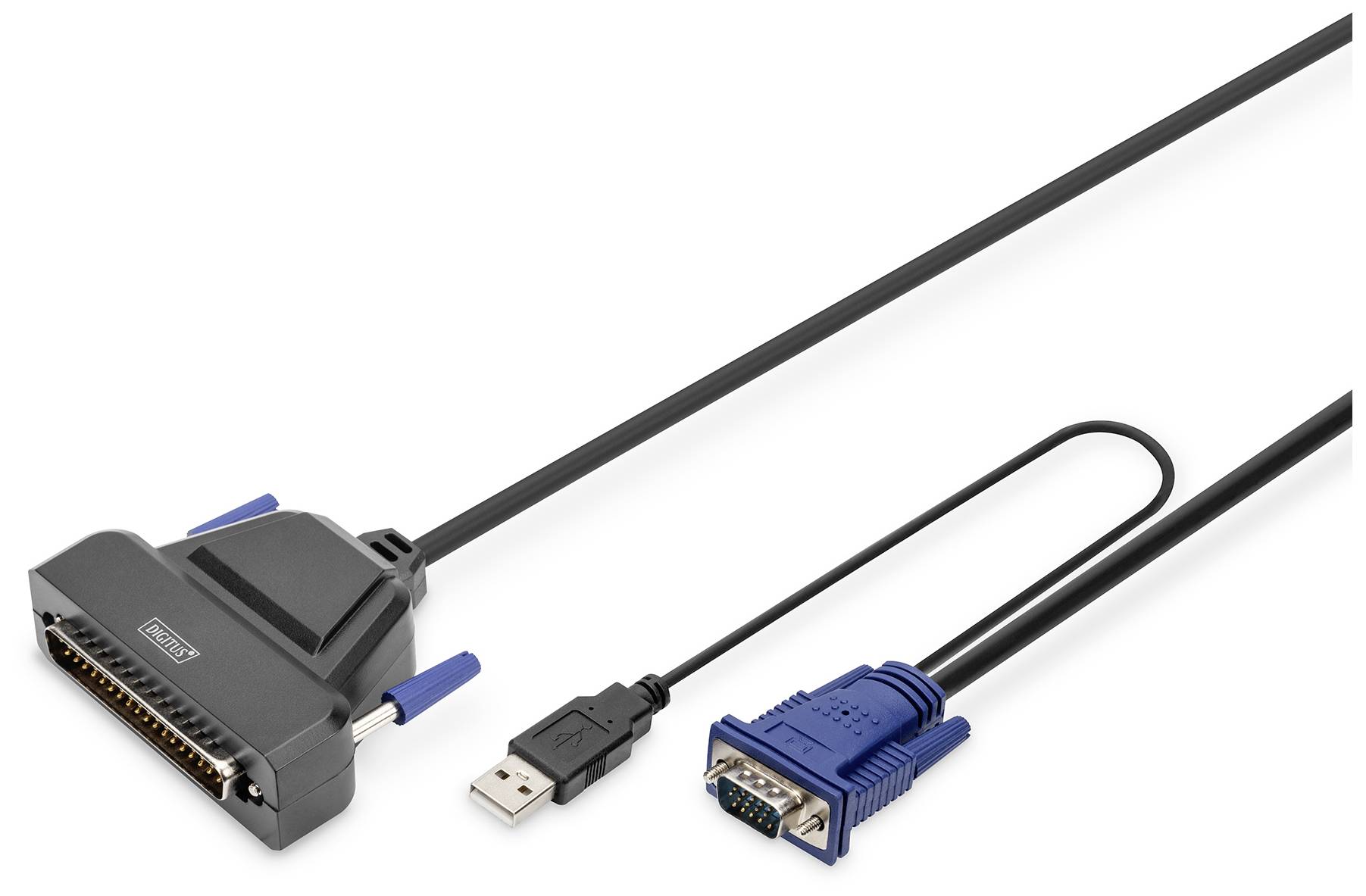 Kabel s paralelním, USB a VGA konektorem, vhodný pro připojení počítačů k různým zařízením nebo monitorům.