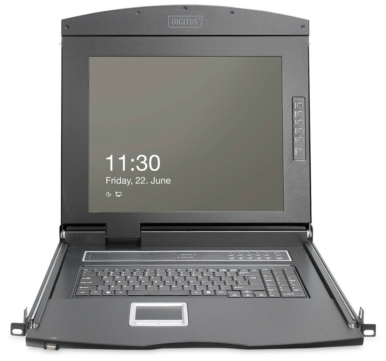Černý KVM přepínač s vyklopeným monitorem zobrazuje datum a čas nad integrovanou klávesnicí s touchpadem.