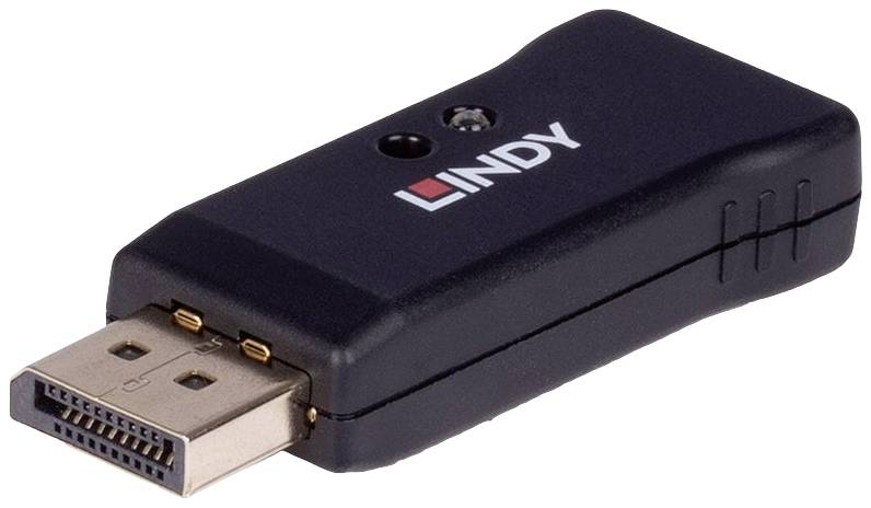 Černý adaptér s konektorem DisplayPort a LED indikátorem, který má na horní straně nápis 'LINDY'.