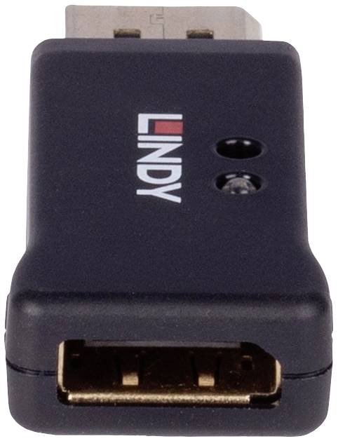 Černý HDMI adaptér značky Lindy s samičím HDMI konektorem vpředu a samčím HDMI konektorem nahoře, kompaktní provedení.