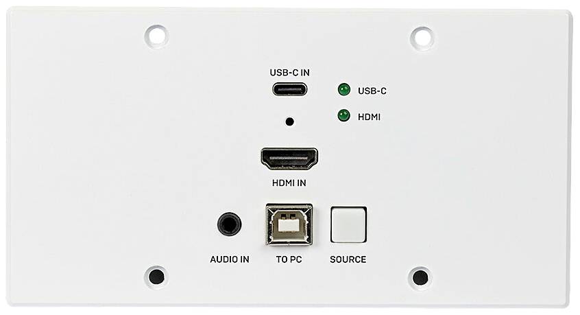 Připojovací pole s USB-C, HDMI, audio a počítačovými konektory, včetně tlačítka s nápisem 'Zdroj'. Vhodné pro multimédiální připojení.