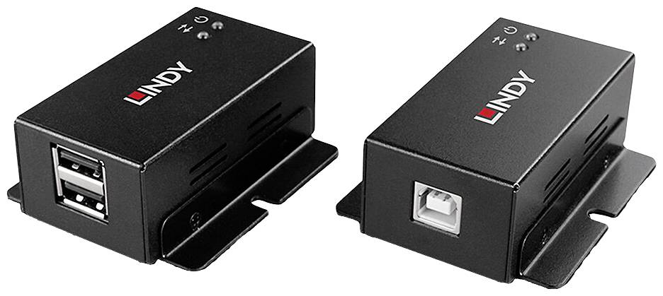 Dvě černé LINDY USB extendery, jeden s dvěma USB porty, druhý s jedním USB portem pro rozšíření USB signálu.