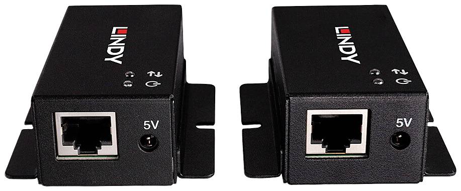 Dva černé síťové adaptéry s nápisem 'LINDY', každý vybavený ethernetovým portem a USB konektorem, určené pro síťová připojení.