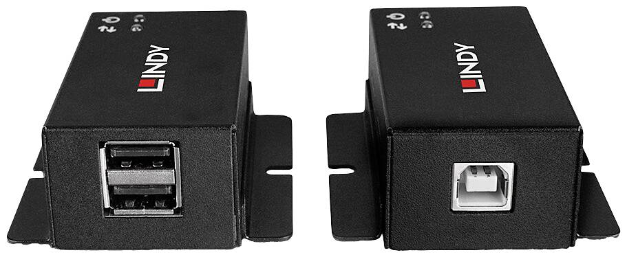 Dva černé USB prodlužovací adaptéry, jeden se dvěma USB porty, druhý s USB-B konektorem. Oba nesou logo společnosti Lindy.