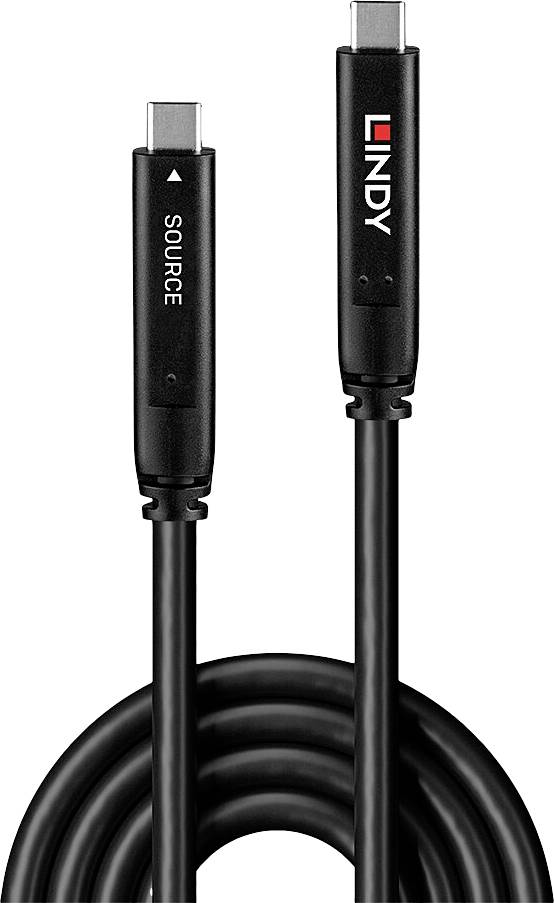 Dva černé kabely s USB-C konektory, jeden s nápisem 'SOURCE'. Druhý konektor má vytištěné firemní logo.