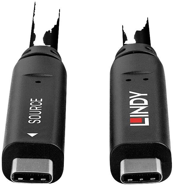 Dva černé USB-C kabely, vlevo s označením 'SOURCE', vpravo s označením 'LINDY', oba s poškozenými konci kabelů.