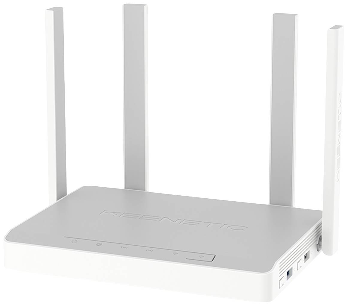 Bílý WLAN router se čtyřmi svisle umístěnými anténami a několika konektory na pravé straně.