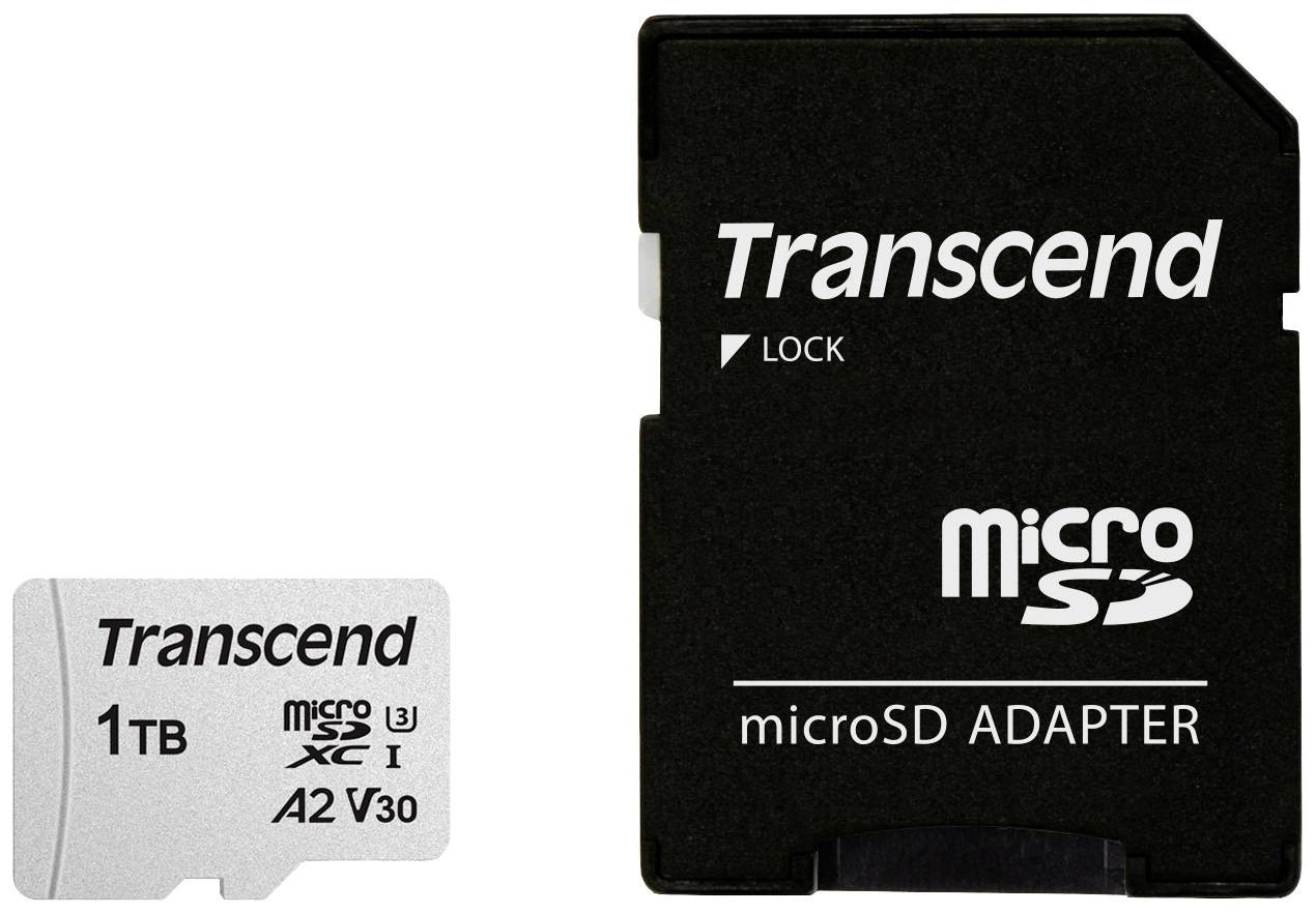 Transcend microSD karta s kapacitou 1 TB a microSD adaptér. Karta je specifikována pro rychlost A2 V30.