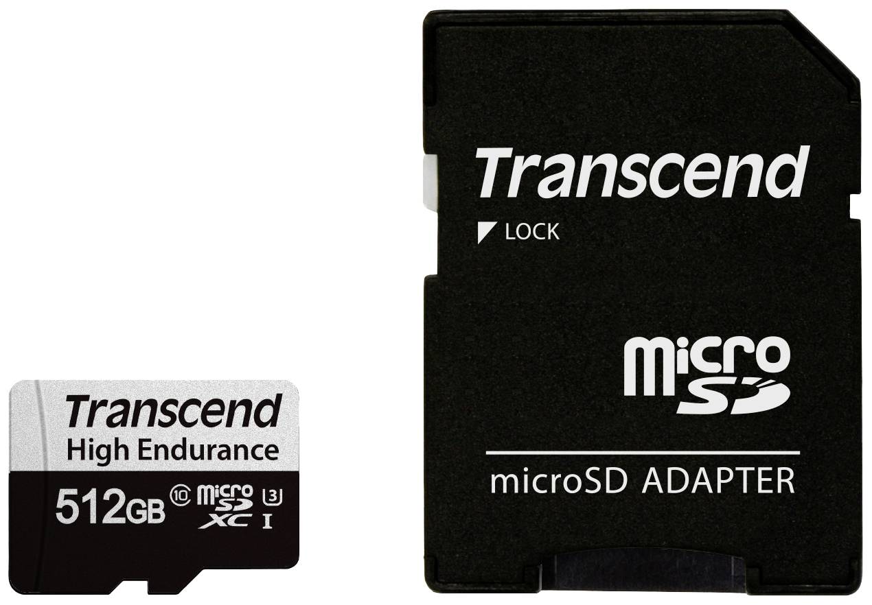 Karta Transcend microSD o kapacitě 512 GB, vhodná pro náročné použití, včetně příslušného adaptéru, obojí v černé a bílé barvě.