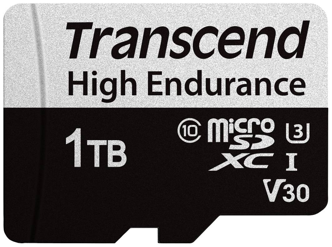 Transcend mikro SD karta s kapacitou 1 TB, vhodná pro intenzivní použití, zobrazuje loga tříd rychlosti.