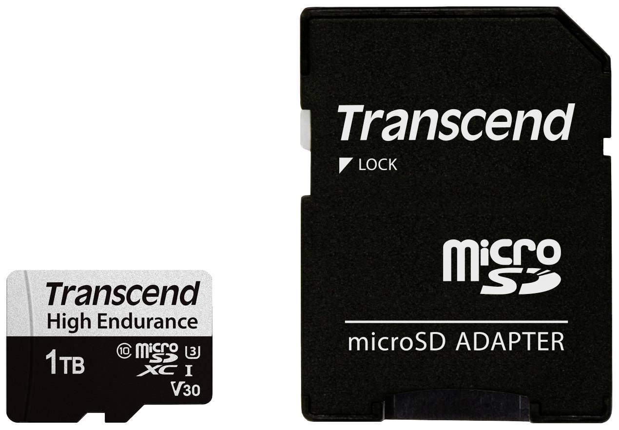 Karta Transcend High Endurance microSD s kapacitou 1 TB vlevo a adaptér microSD s nápisem 'Transcend' vpravo.