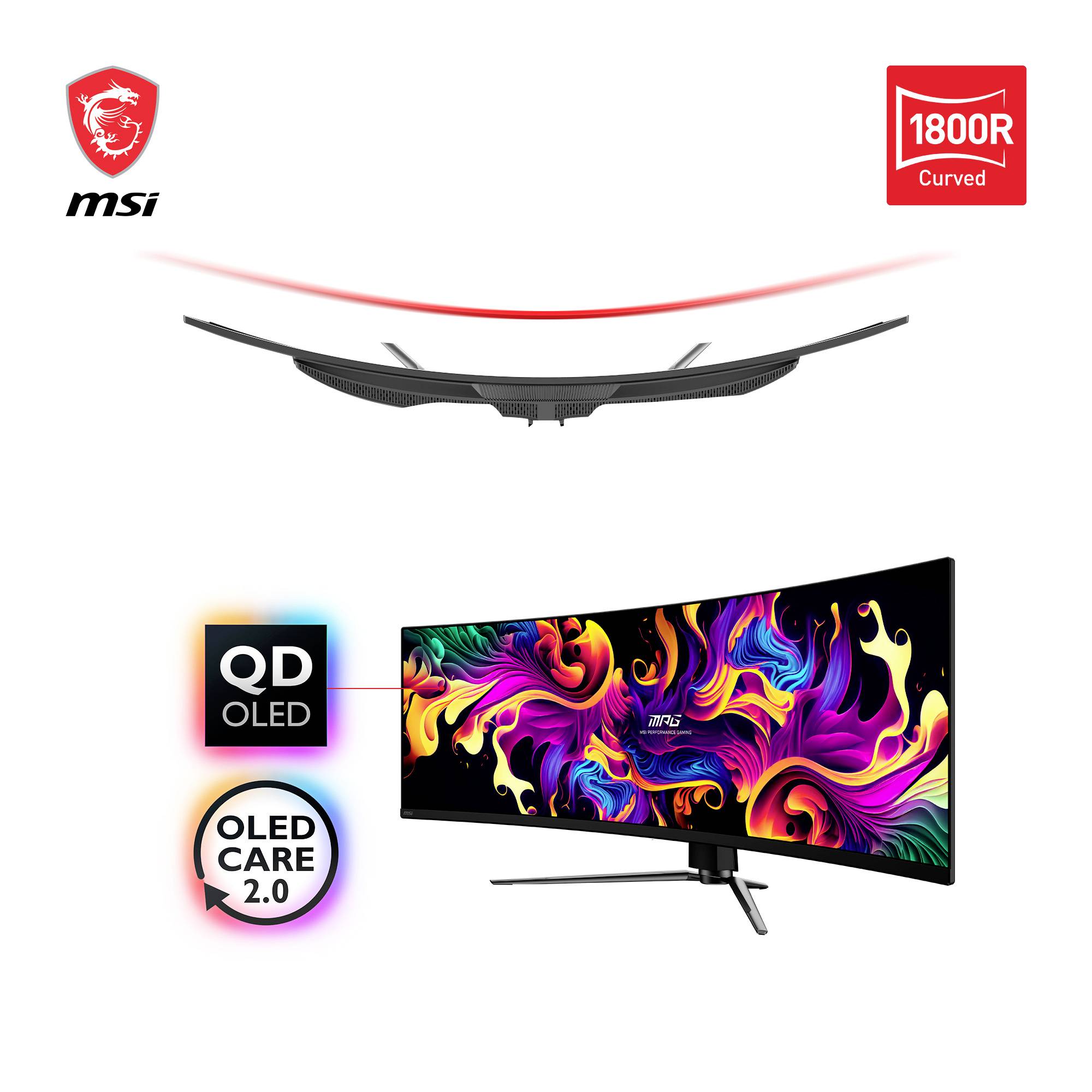 Široký zakřivený herní monitor od MSI s živým abstraktním designem na obrazovce, technologií QD-OLED a zakřivením 1800R.