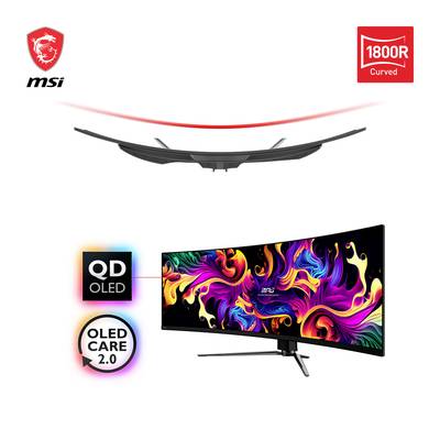 Široký zakřivený herní monitor od MSI s živým abstraktním designem na obrazovce, technologií QD-OLED a zakřivením 1800R.