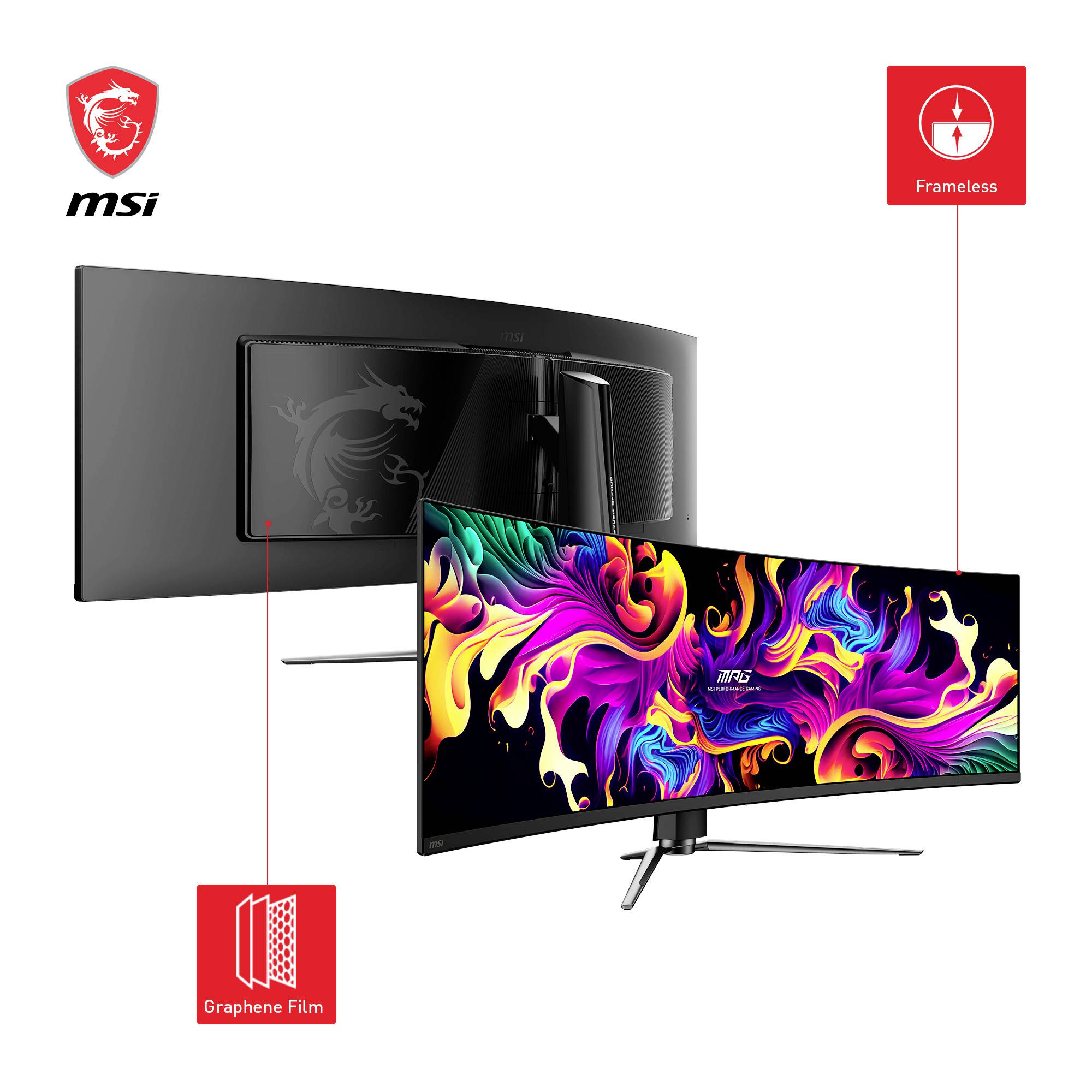 Ultراširoký monitor MSI s barevným displejem, zakřiveným rámečkem, bezrámečkovým designem a grafenovou fóliovou vrstvou.