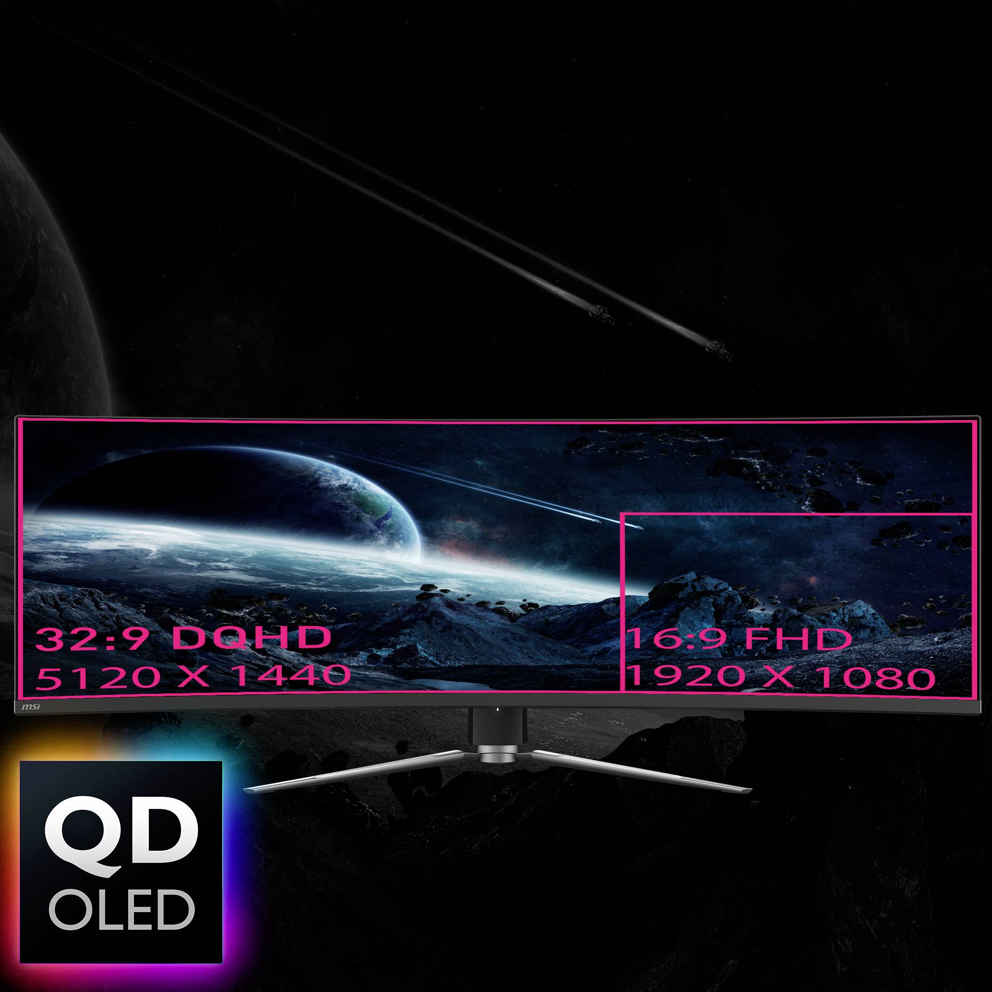 Samsung monitor s technologií QD-OLED zobrazuje dvě rozlišení: 5120 x 1440 a 1920 x 1080, viditelné na pozadí vesmíru.