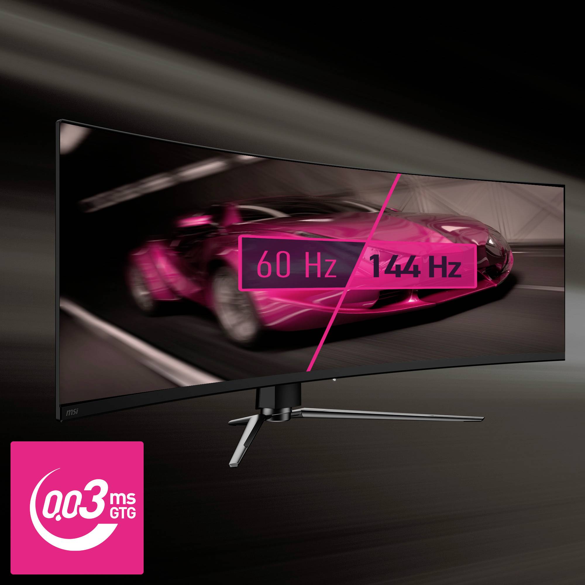 Zakřivený monitor s rozděleným obrazem: vlevo rozostřené auto při 60 Hz, vpravo ostré auto při 144 Hz. Text dole vlevo: '0,03 ms GTG'.