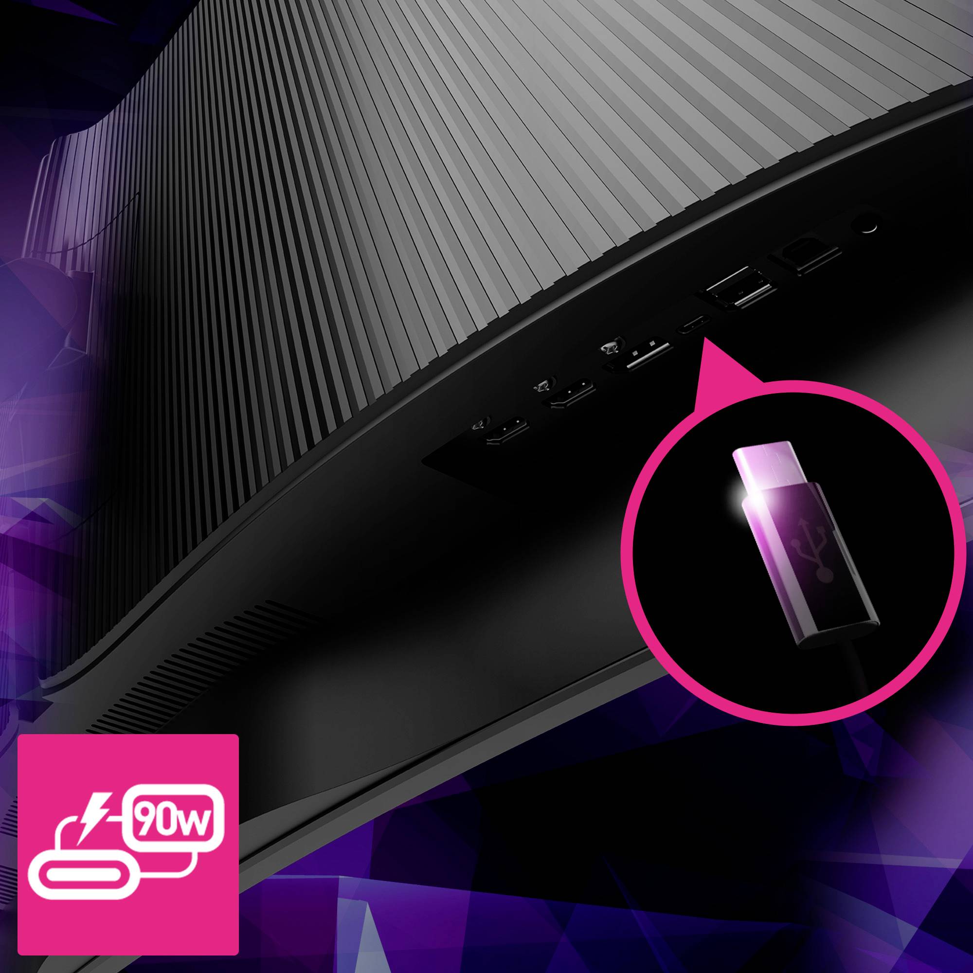 Černý monitor s několika USB porty po straně a růžovou ikonou zobrazující USB flash disk s 90W výkonem.